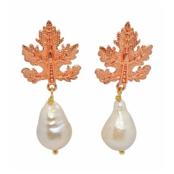 Orecchini Foglie Rose Gold e Perle Barocche