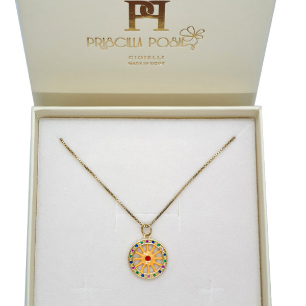 Collana Ruota Carro in Argento con Zirconi