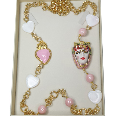 Collana Testa di moro in Ceramica e Cuore Sacro rosa